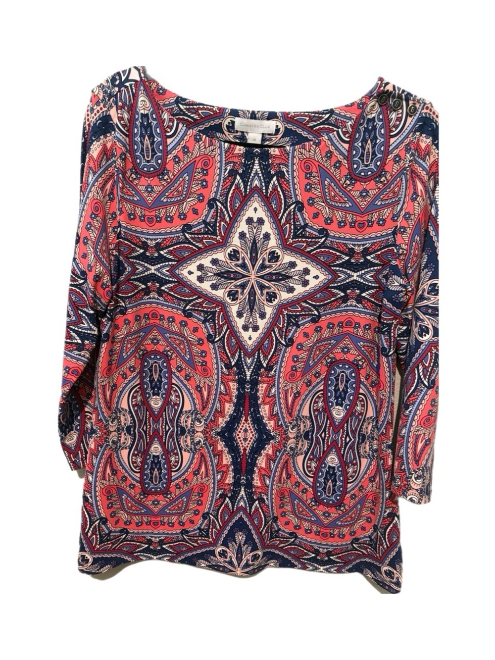 Charter Club Paisley Tunic Top in Coral and Navy